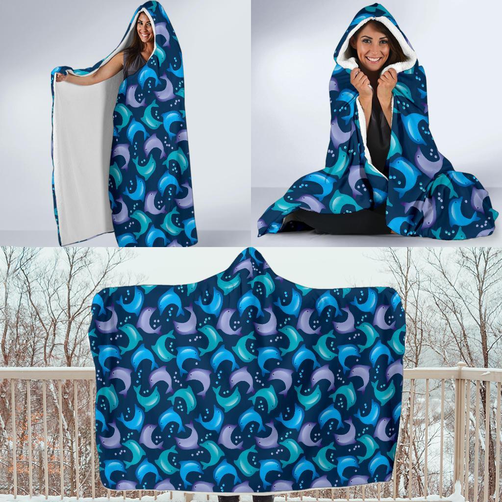 Dolphin Pattern Print Hooded Blanket-grizzshop