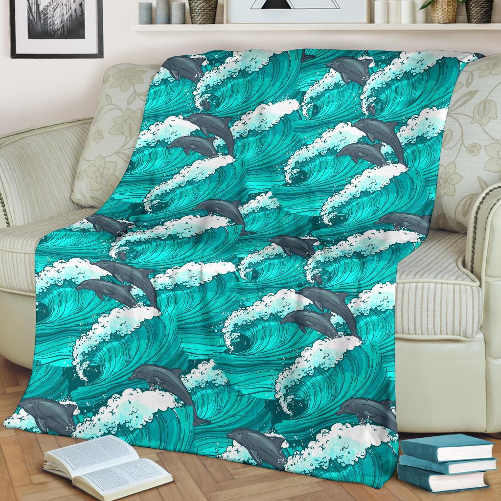 Dolphin Wave Pattern Print Blanket-grizzshop