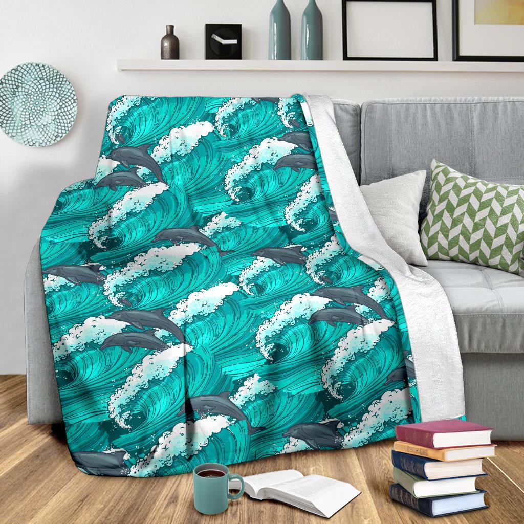 Dolphin Wave Pattern Print Blanket-grizzshop