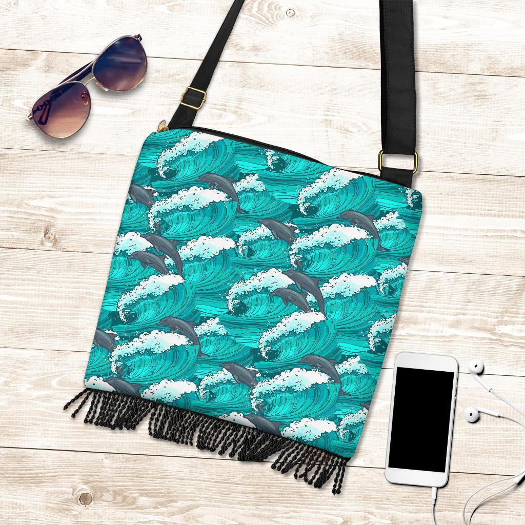 Dolphin Wave Pattern Print Crossbody Bags-grizzshop