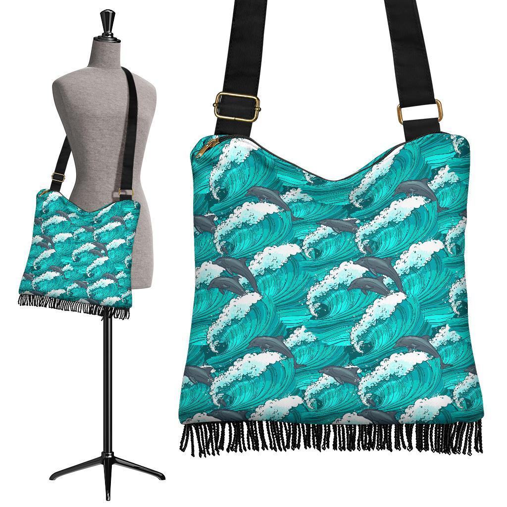 Dolphin Wave Pattern Print Crossbody Bags-grizzshop