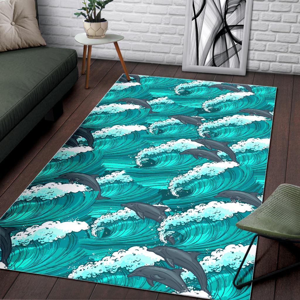 Dolphin Wave Pattern Print Floor Mat-grizzshop