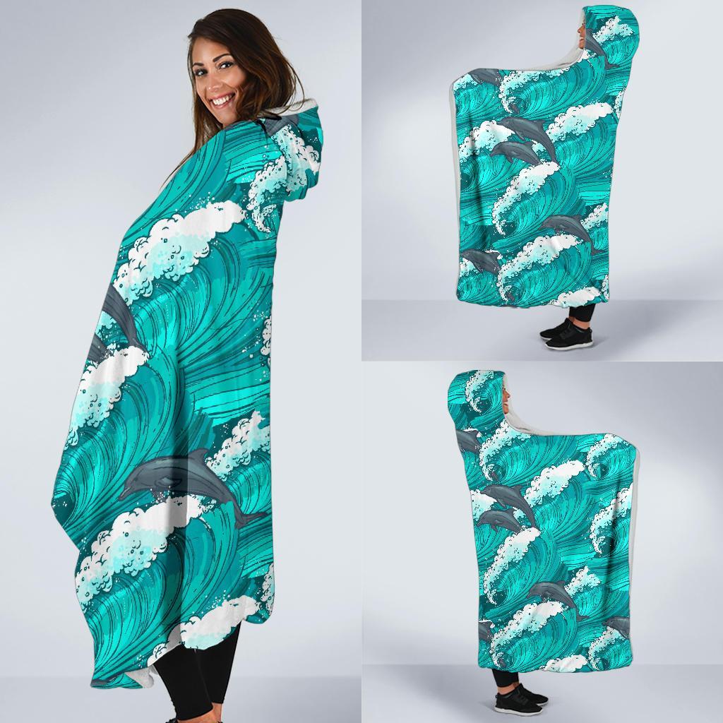 Dolphin Wave Pattern Print Hooded Blanket-grizzshop