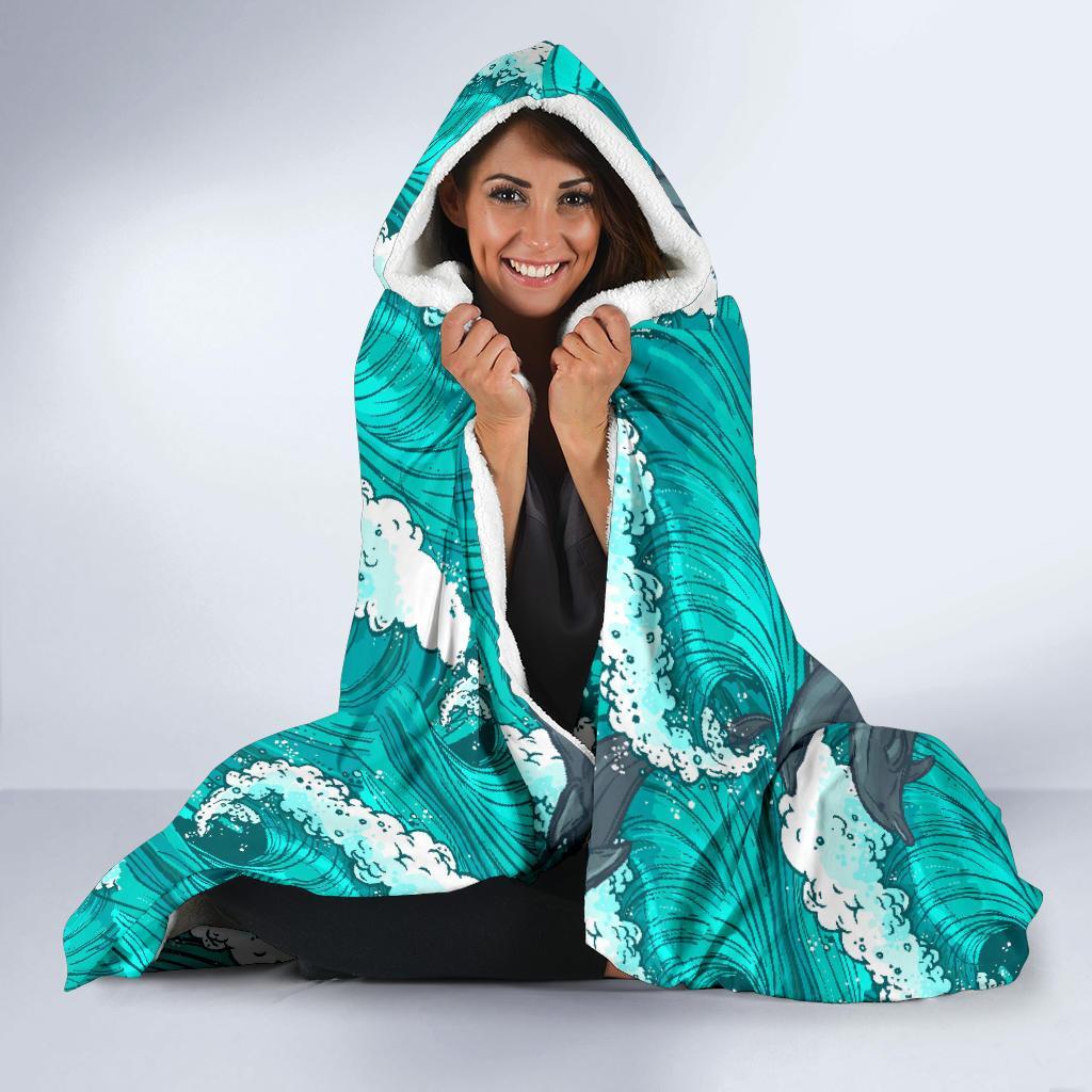 Dolphin Wave Pattern Print Hooded Blanket-grizzshop