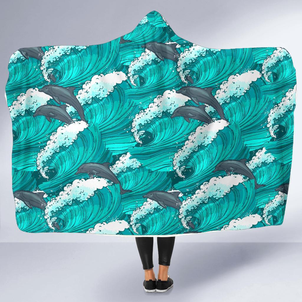 Dolphin Wave Pattern Print Hooded Blanket-grizzshop