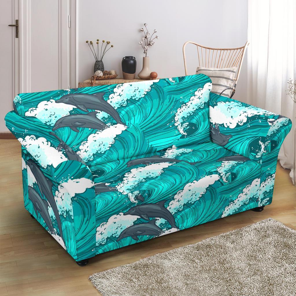 Dolphin Wave Pattern Print Loveseat Cover-grizzshop