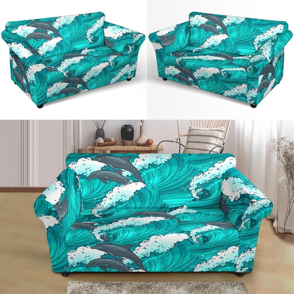 Dolphin Wave Pattern Print Loveseat Cover-grizzshop