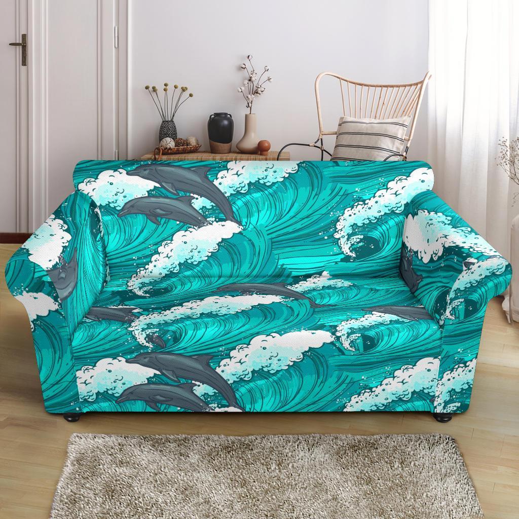 Dolphin Wave Pattern Print Loveseat Cover-grizzshop