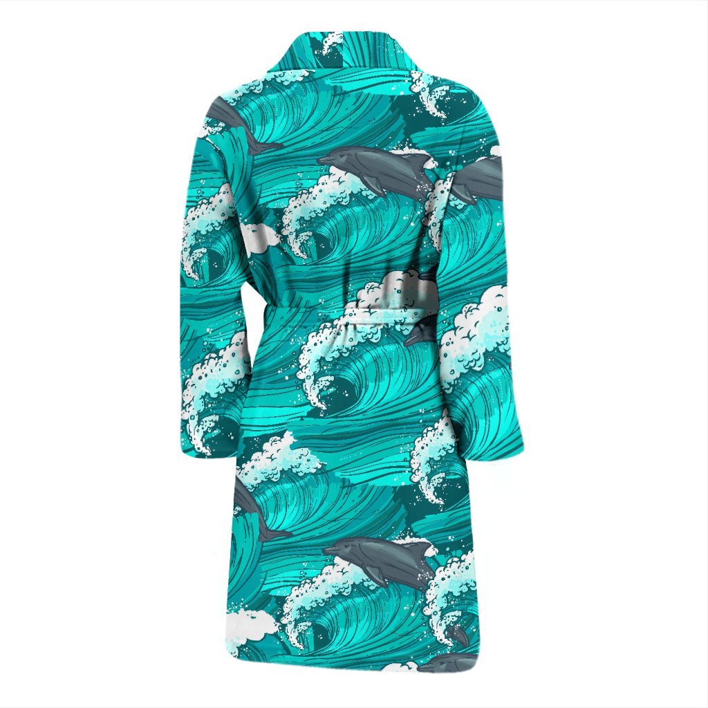 Dolphin Wave Pattern Print Men Long Robe-grizzshop