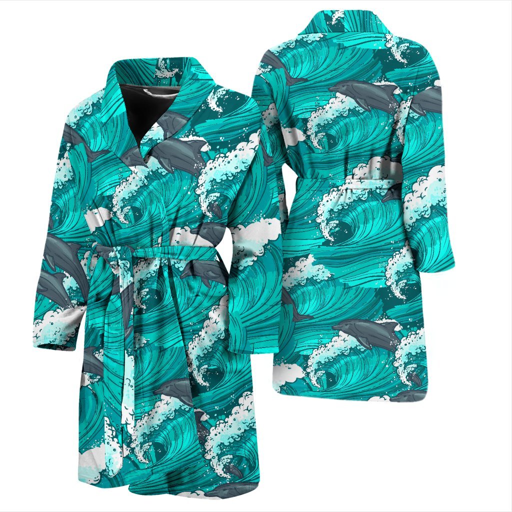 Dolphin Wave Pattern Print Men Long Robe-grizzshop