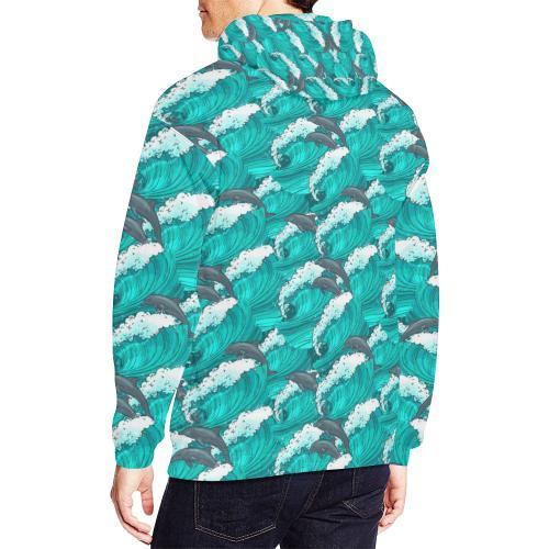 Dolphin Wave Pattern Print Men Pullover Hoodie-grizzshop