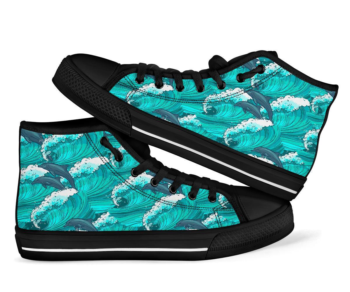 Dolphin Wave Pattern Print Men Women's High Top Shoes-grizzshop