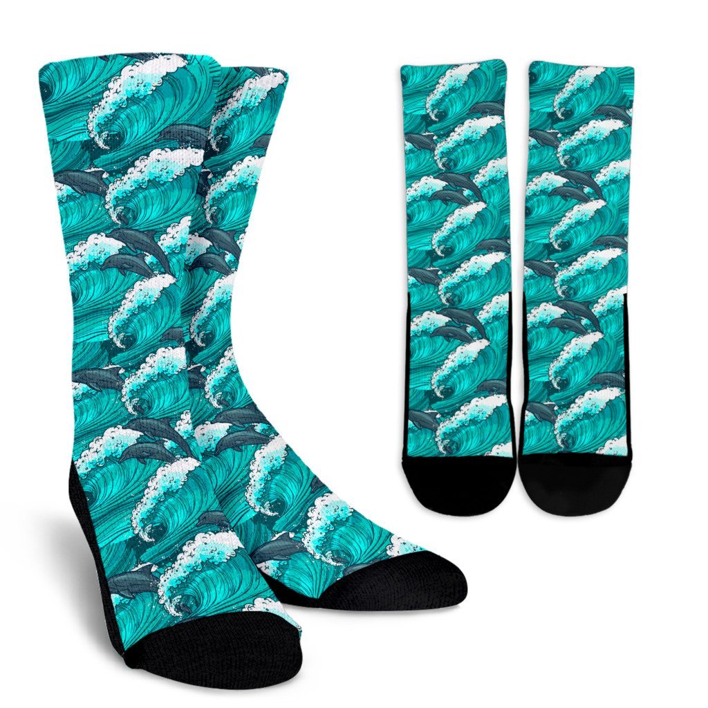 Dolphin Wave Pattern Print Unisex Crew Socks-grizzshop