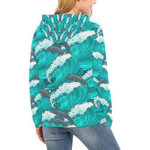 Dolphin Wave Pattern Print Women Pullover Hoodie-grizzshop