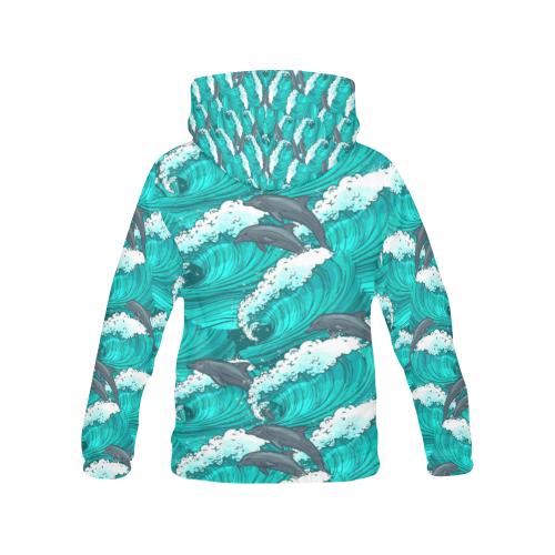 Dolphin Wave Pattern Print Women Pullover Hoodie-grizzshop