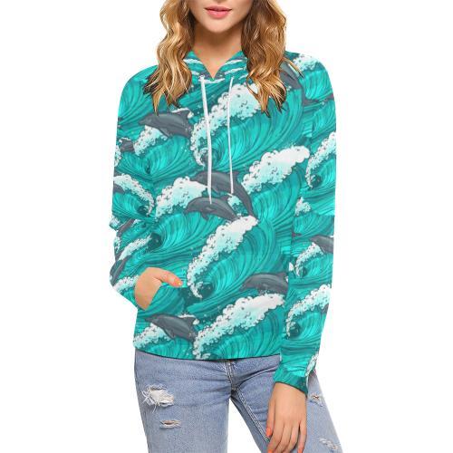 Dolphin Wave Pattern Print Women Pullover Hoodie-grizzshop