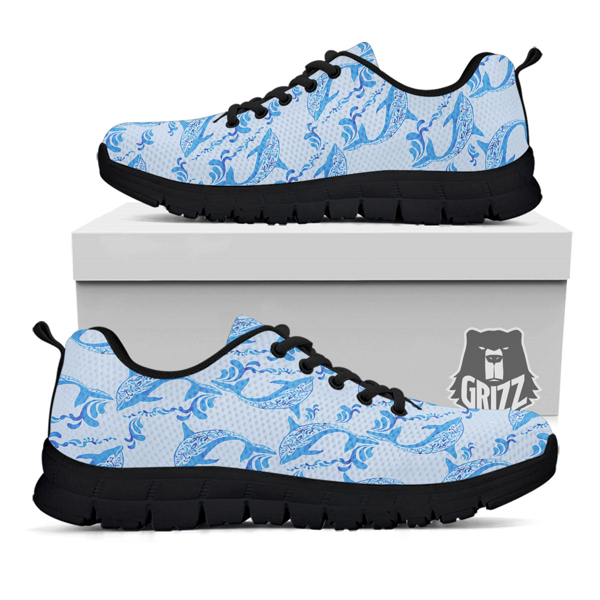 Dolphins Blue Print Pattern Black Sneaker-grizzshop