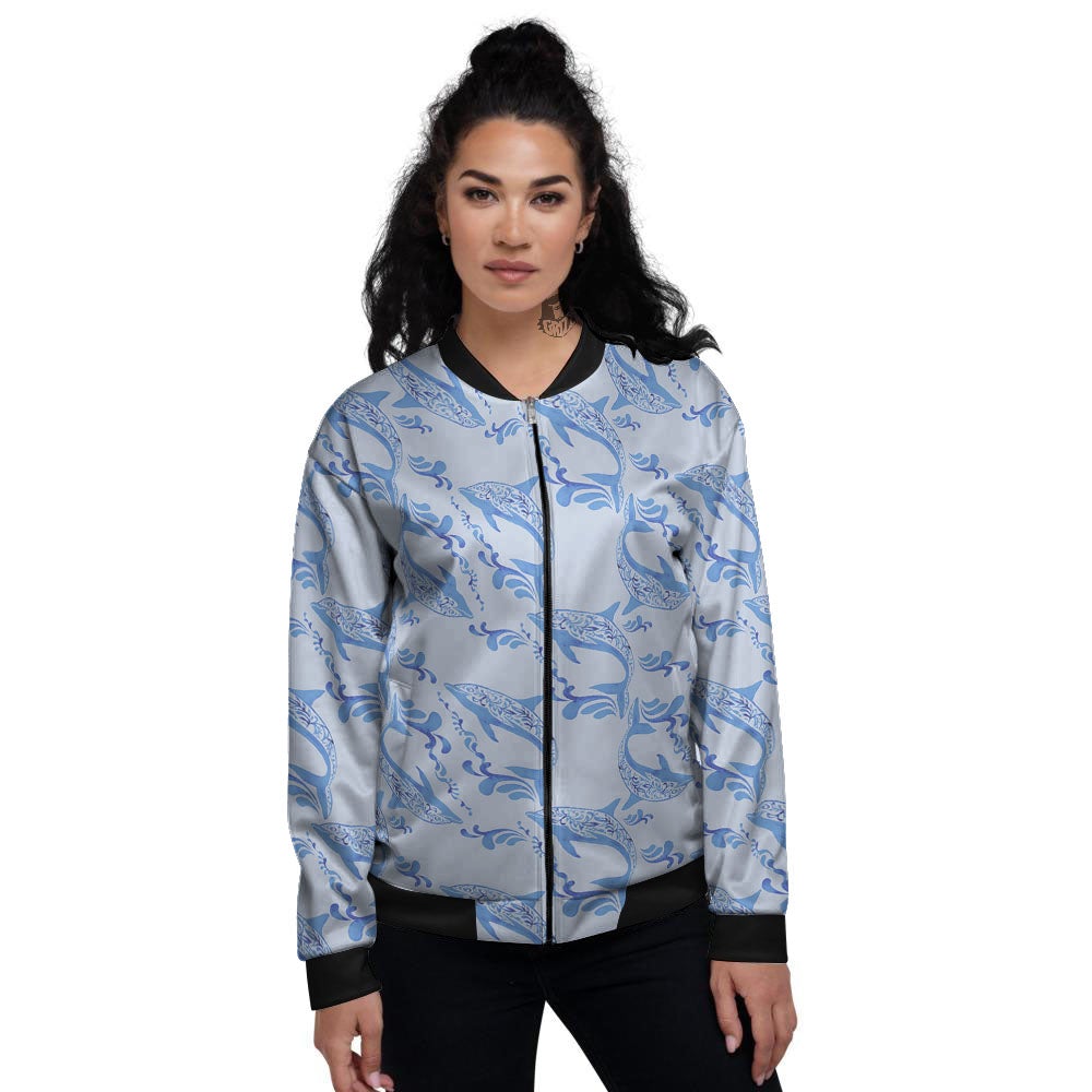 Dolphins Blue Print Pattern Women's Bomber Jacket-grizzshop