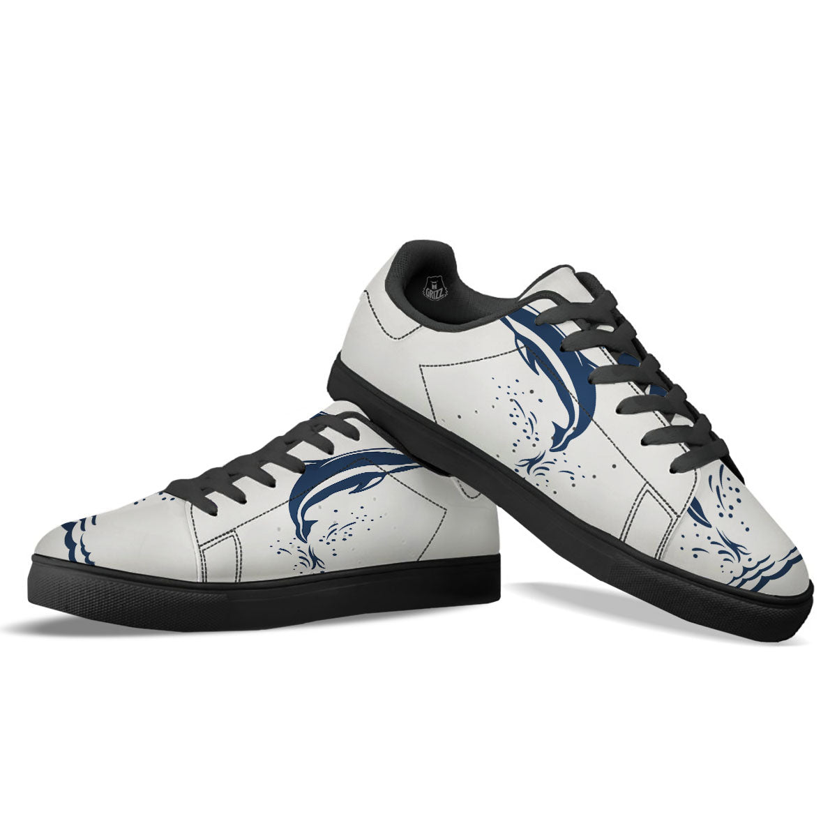 Dolphins Jump On Waves Print Black Low Top Sneakers-grizzshop