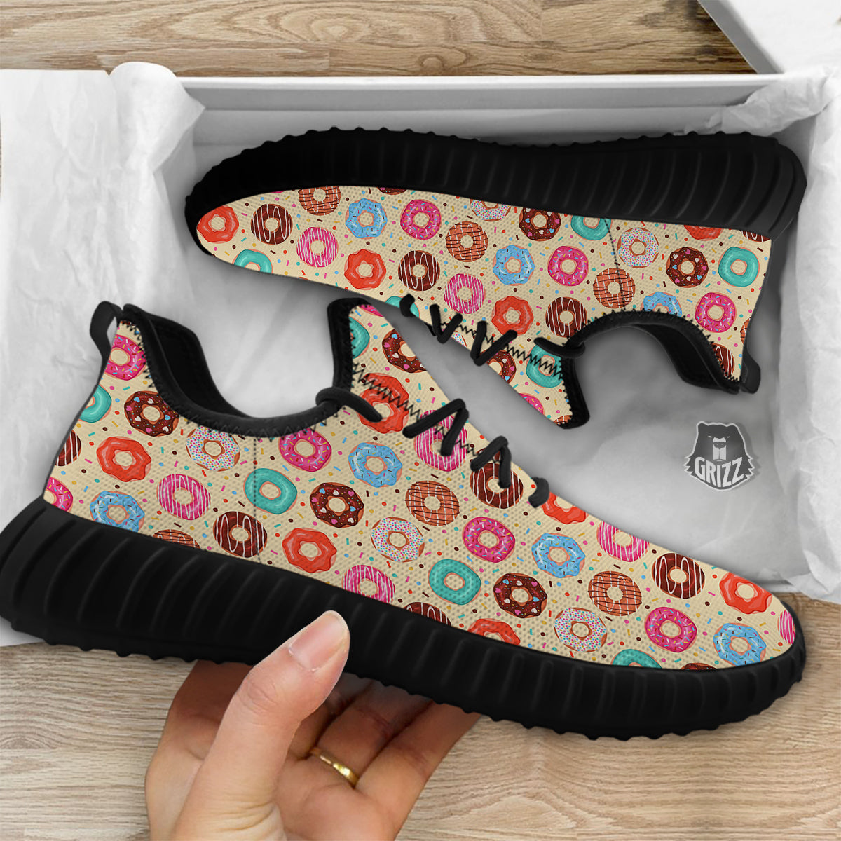 Donut Colorful Print Pattern Black Walking Shoes-grizzshop