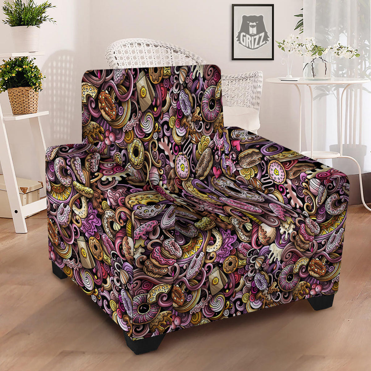 Donut Graffiti Print Pattern Armchair Slipcover-grizzshop