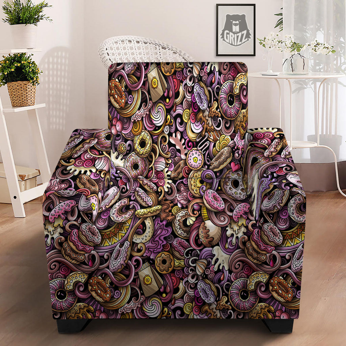 Donut Graffiti Print Pattern Armchair Slipcover-grizzshop