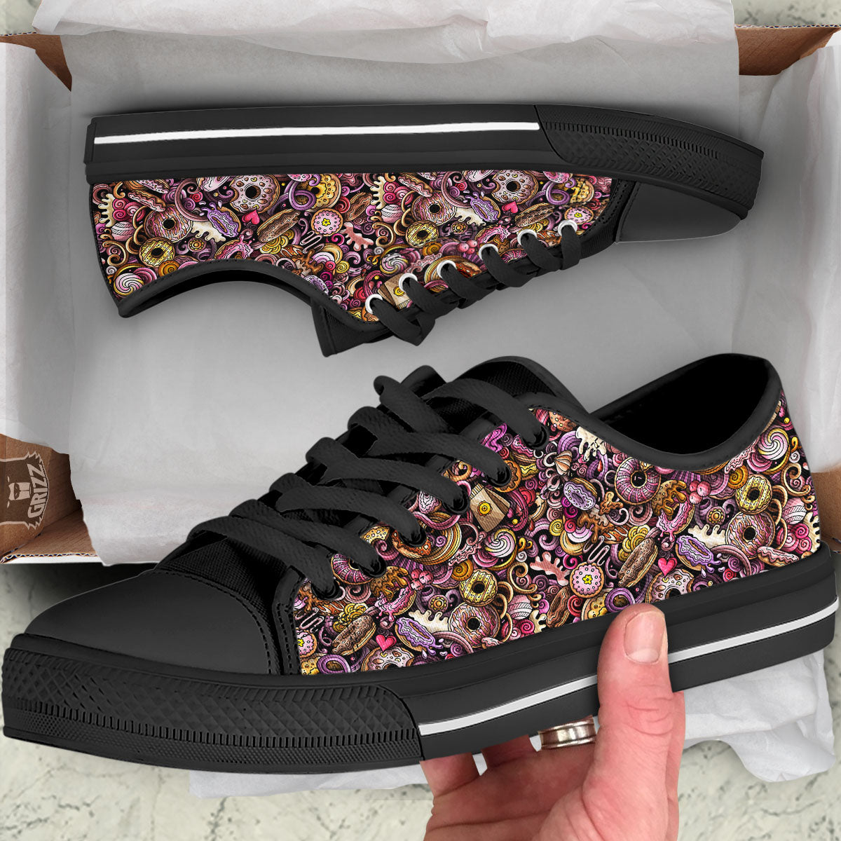 Donut Graffiti Print Pattern Black Low Top Shoes-grizzshop