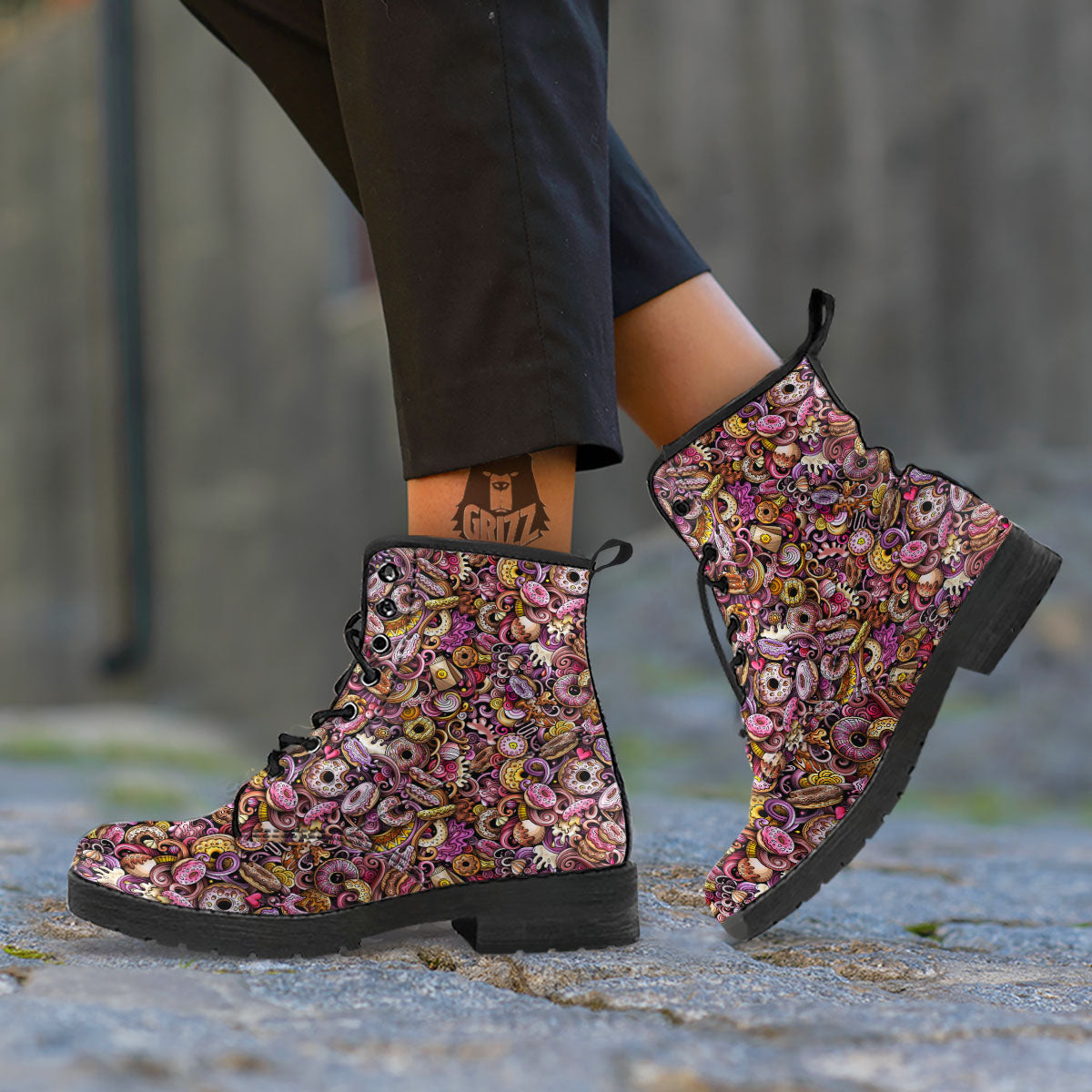 Donut Graffiti Print Pattern Leather Boots-grizzshop