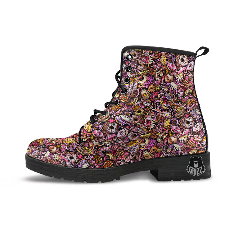 Donut Graffiti Print Pattern Leather Boots-grizzshop