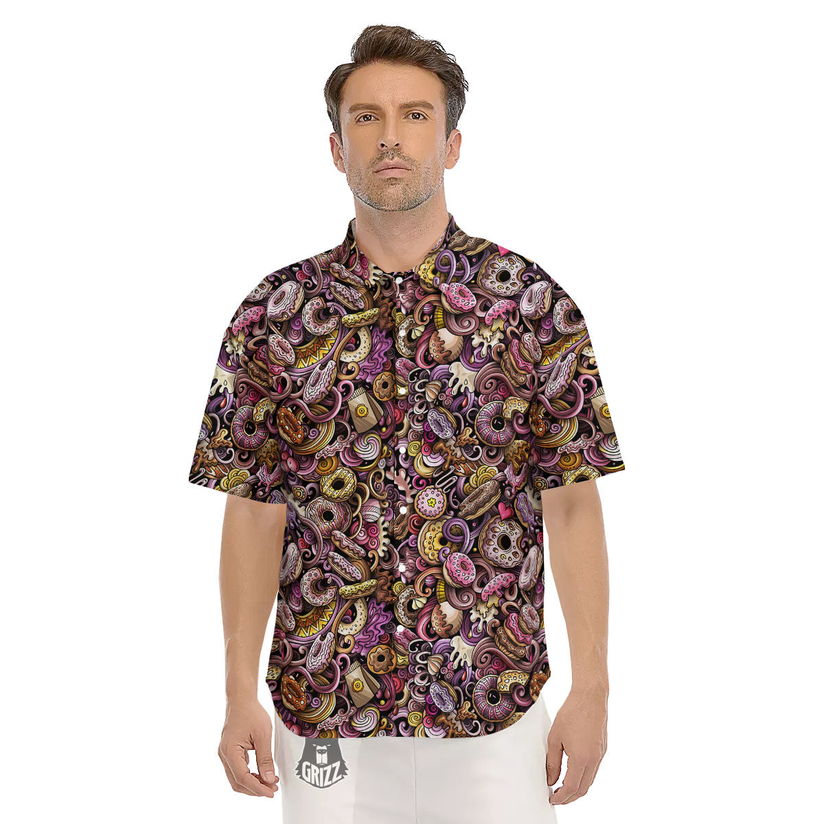 Donut Graffiti Print Pattern Men's Short Sleeve Shirts-grizzshop