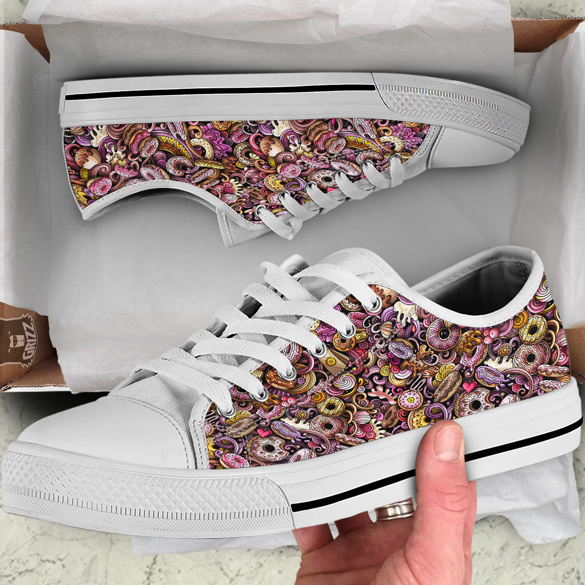 Donut Graffiti Print Pattern White Low Top Shoes-grizzshop