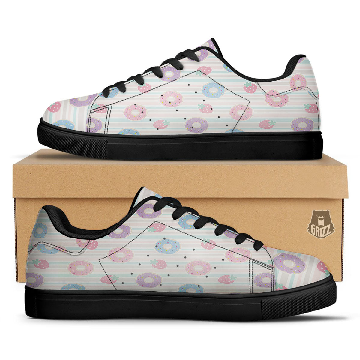 Donut Pastel Print Pattern Black Low Top Sneakers-grizzshop