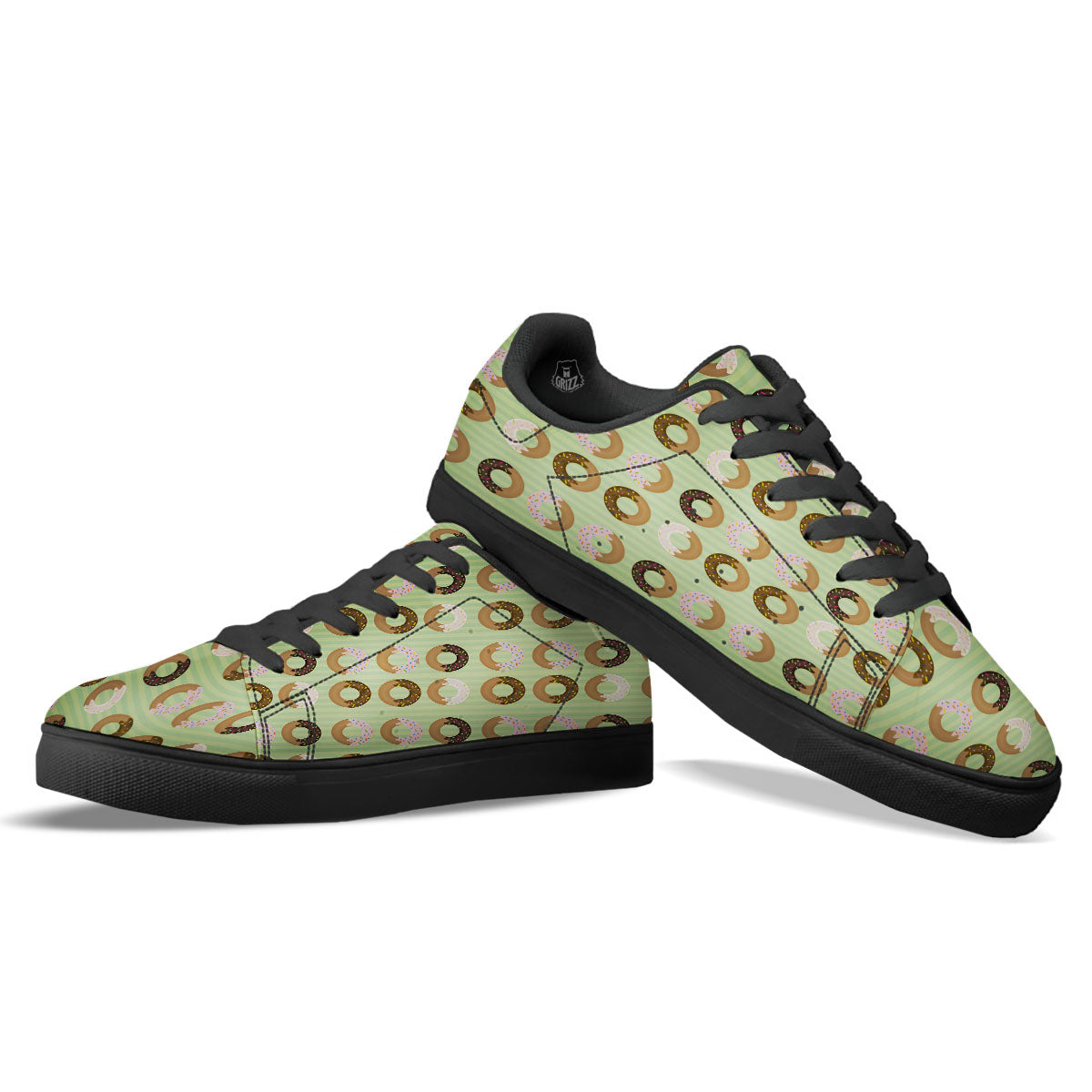 Donut Striped Green Print Pattern Black Low Top Sneakers-grizzshop