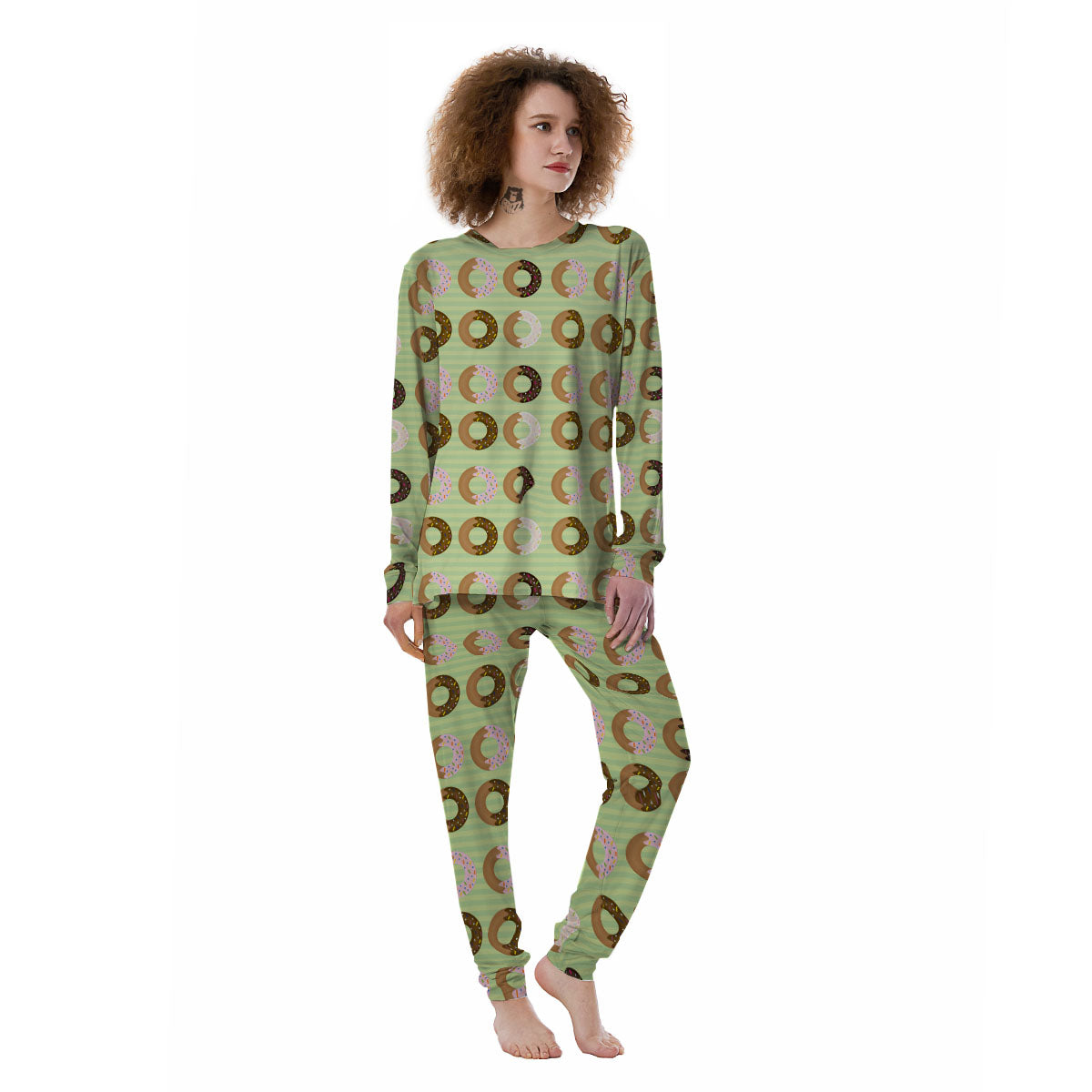 Donut Striped Green Print Pattern Women's Pajamas-grizzshop