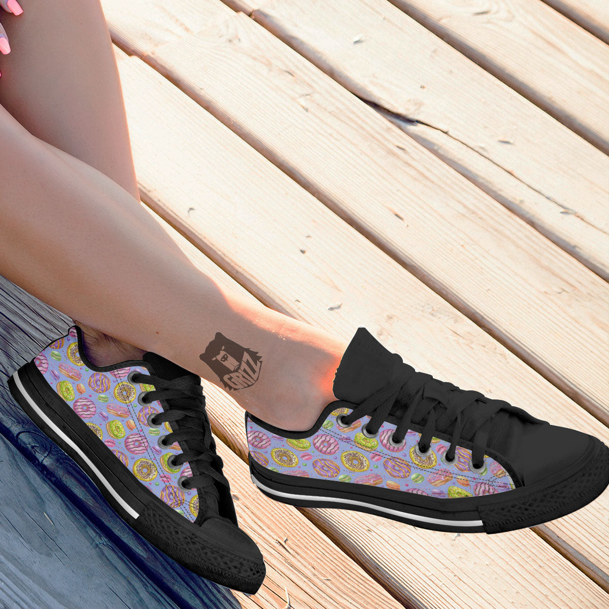 Donuts Print Pattern Black Low Top Shoes-grizzshop