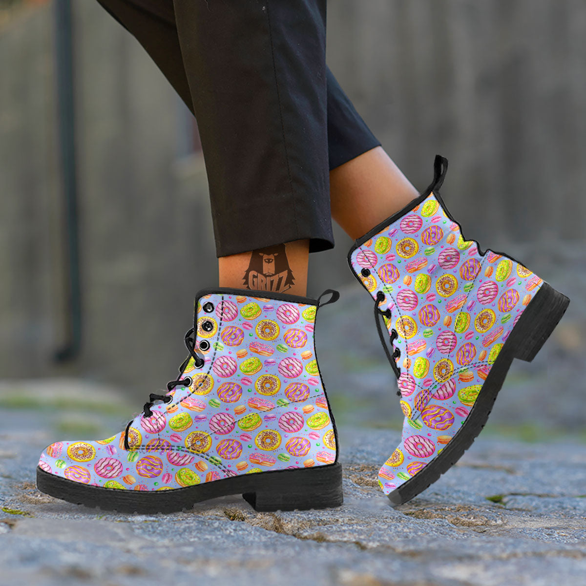 Donuts Print Pattern Leather Boots-grizzshop