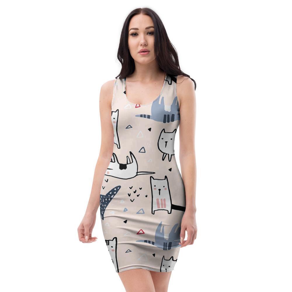 Doodle Cat Print Bodycon Dress-grizzshop