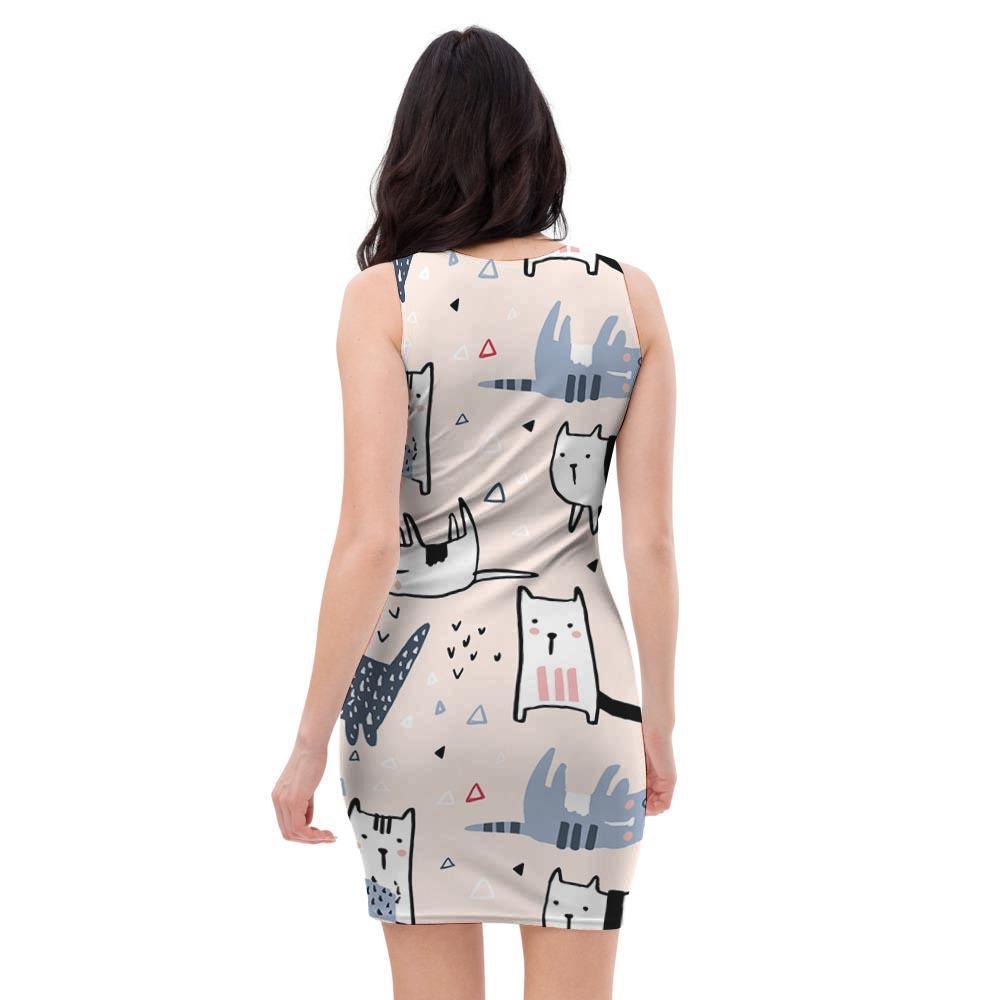 Doodle Cat Print Bodycon Dress-grizzshop