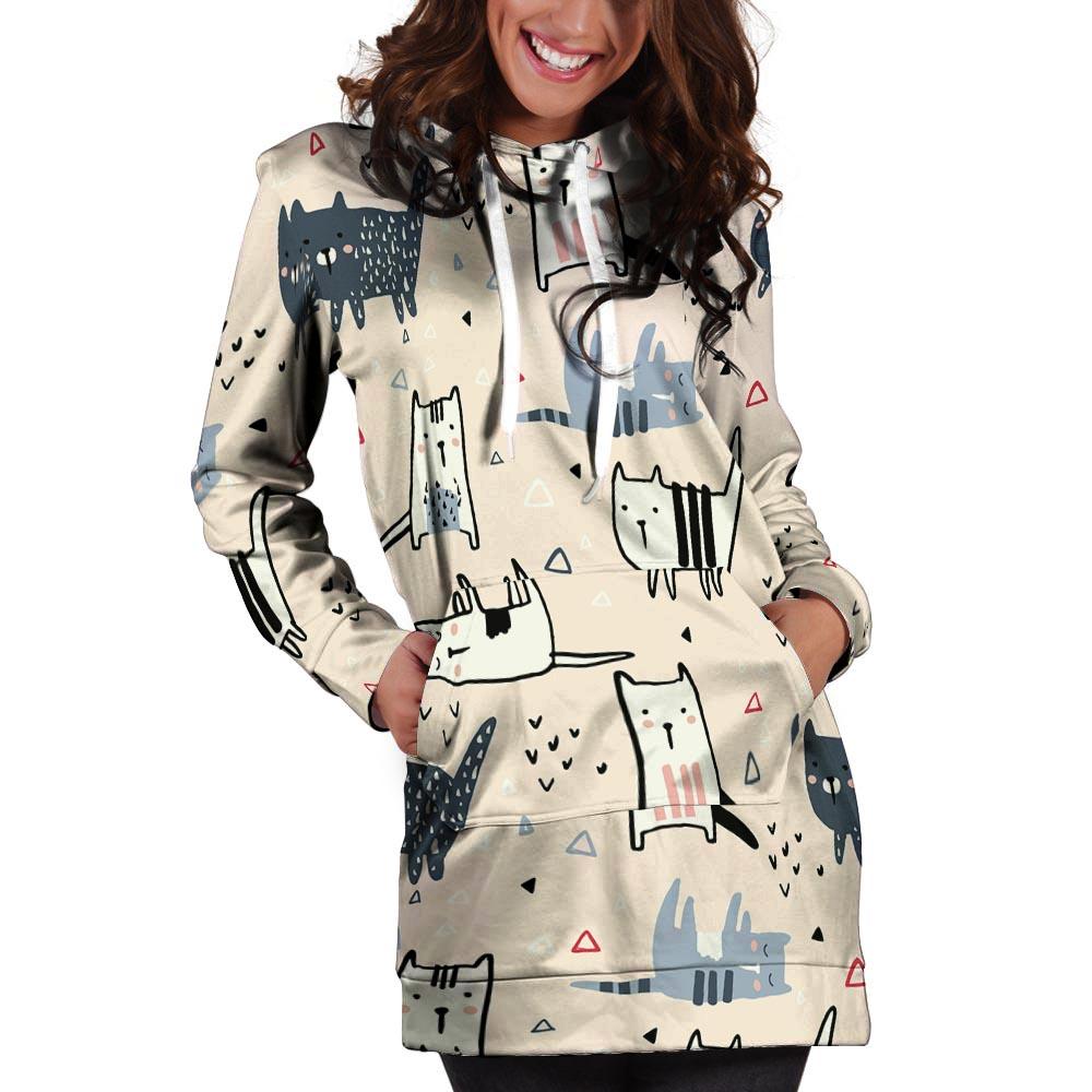 Doodle Cat Print Hoodie Dress-grizzshop