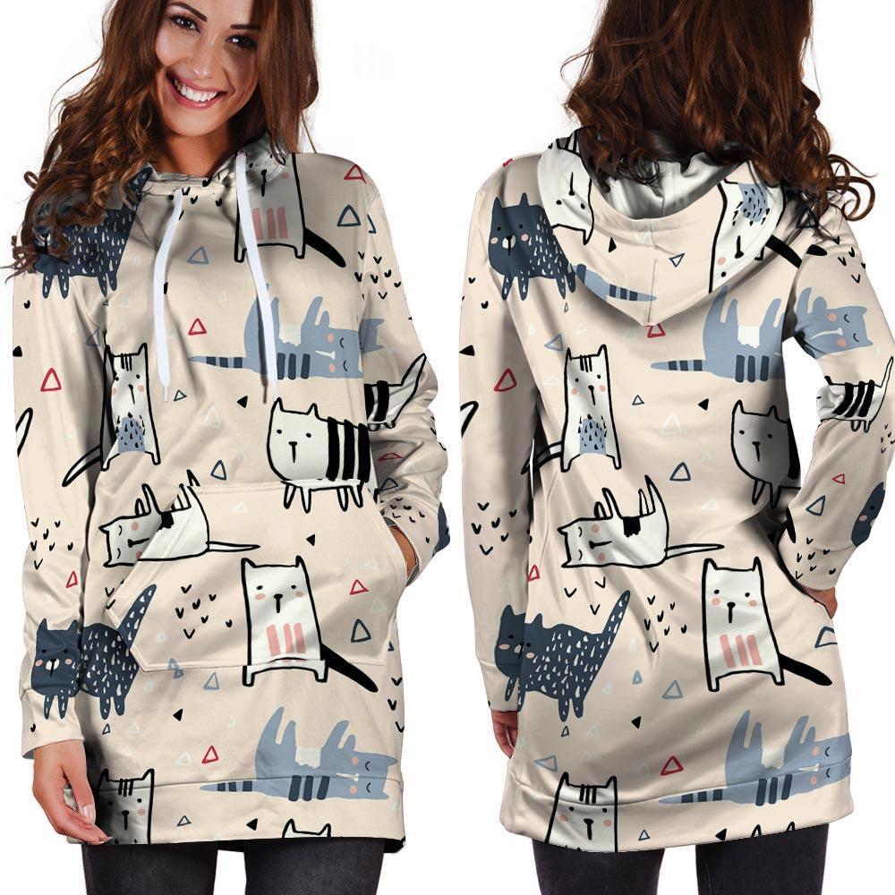 Doodle Cat Print Hoodie Dress-grizzshop