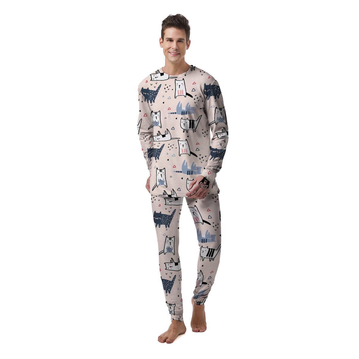 Doodle Cat Print Men's Pajamas-grizzshop