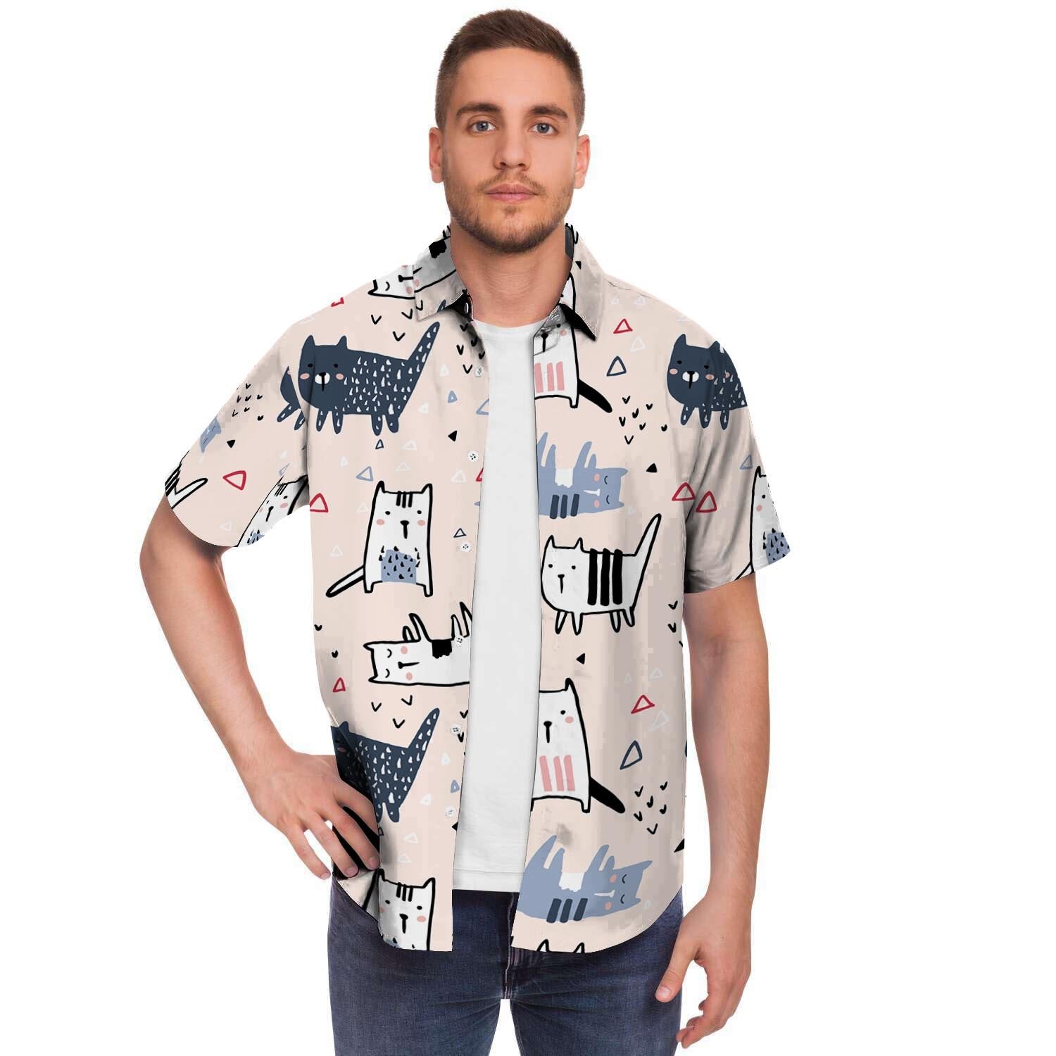 Doodle Cat Print Men's Short Sleeve Shirt-grizzshop