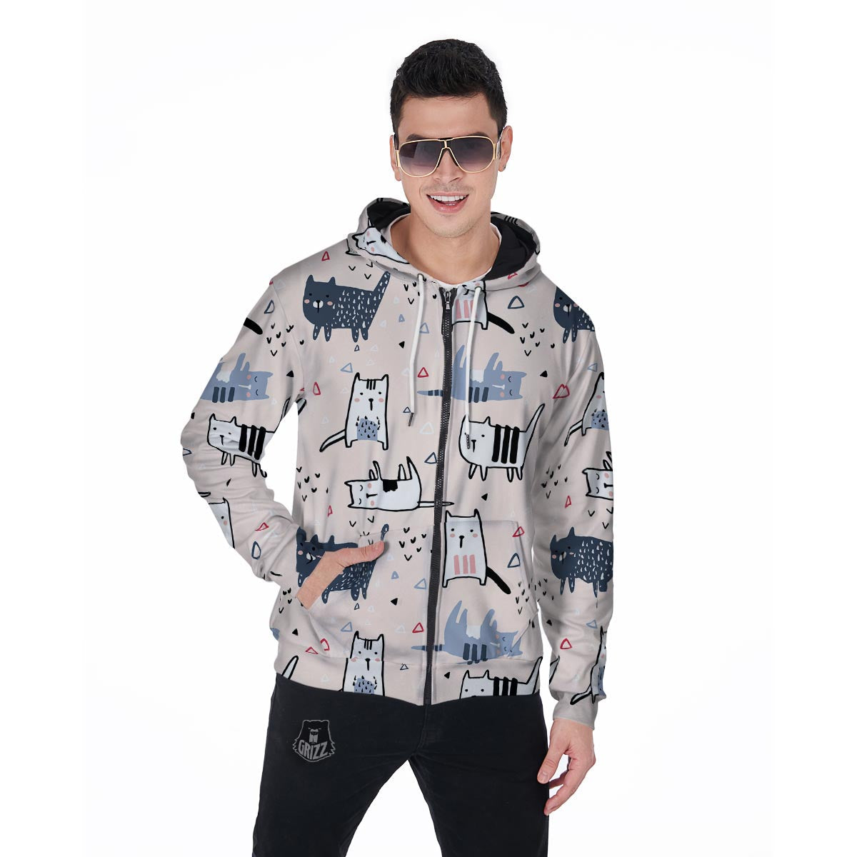 Doodle Cat Print Men's Zip Up Hoodie-grizzshop