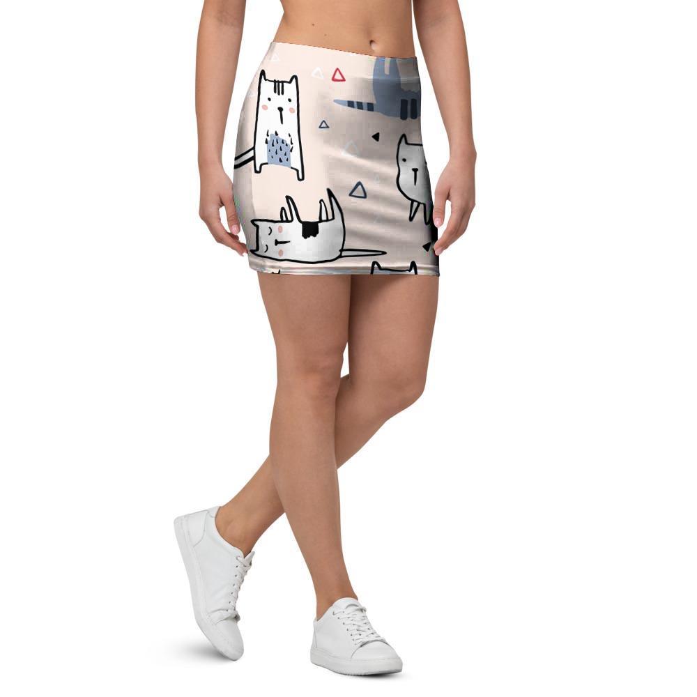 Doodle Cat Print Mini Skirt-grizzshop