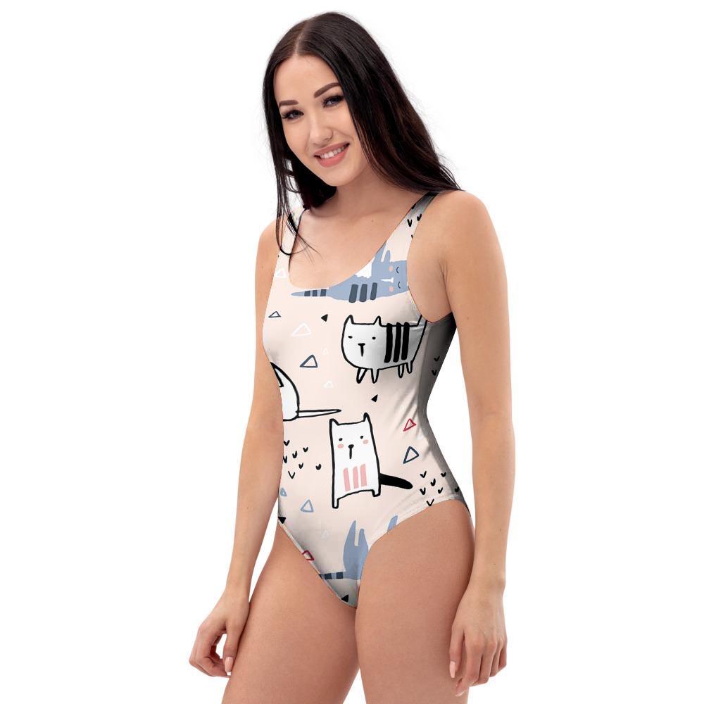 Doodle Cat Print One Piece Swimsuite-grizzshop