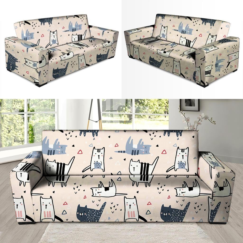 Doodle Cat Print Sofa Cover-grizzshop