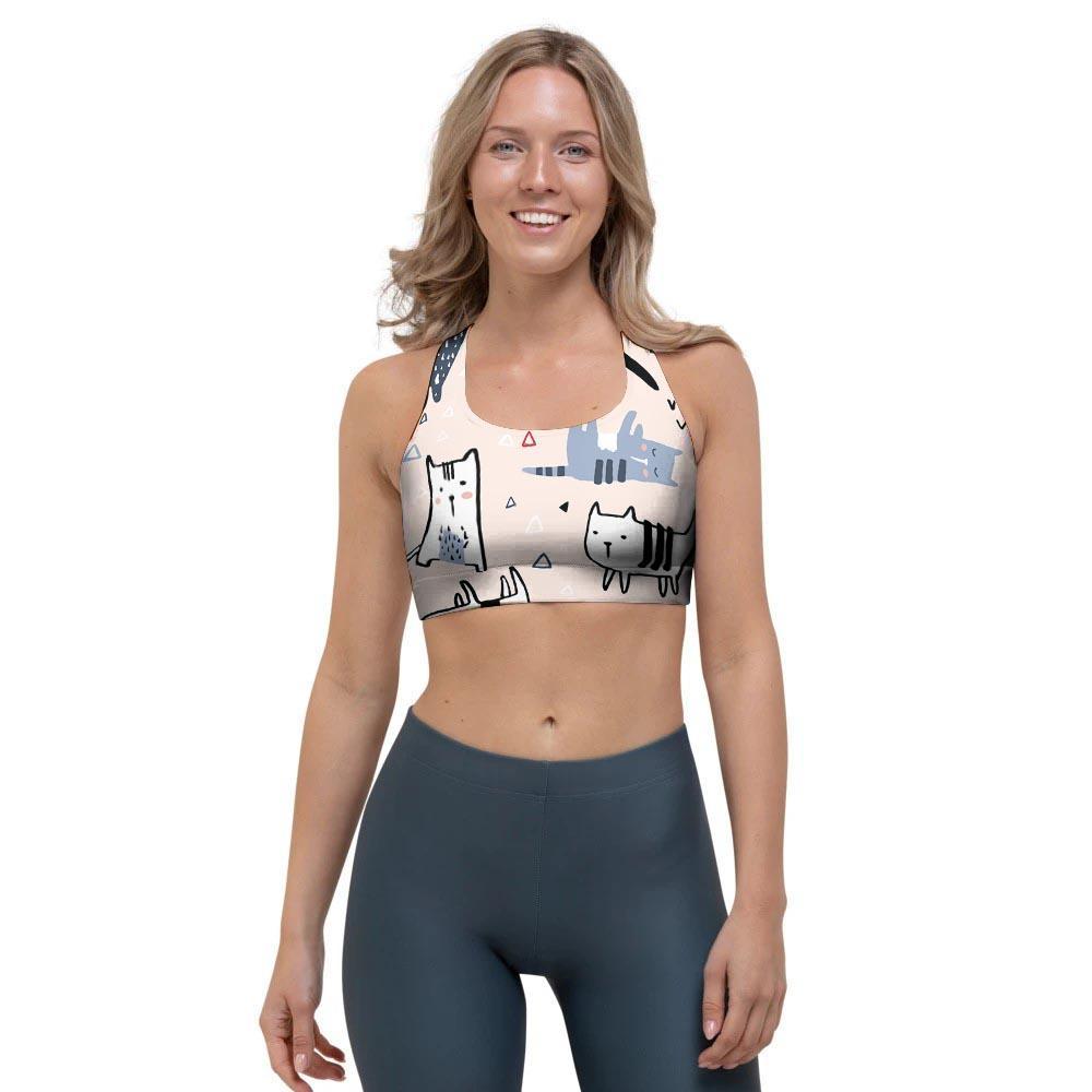 Doodle Cat Print Sports Bra-grizzshop