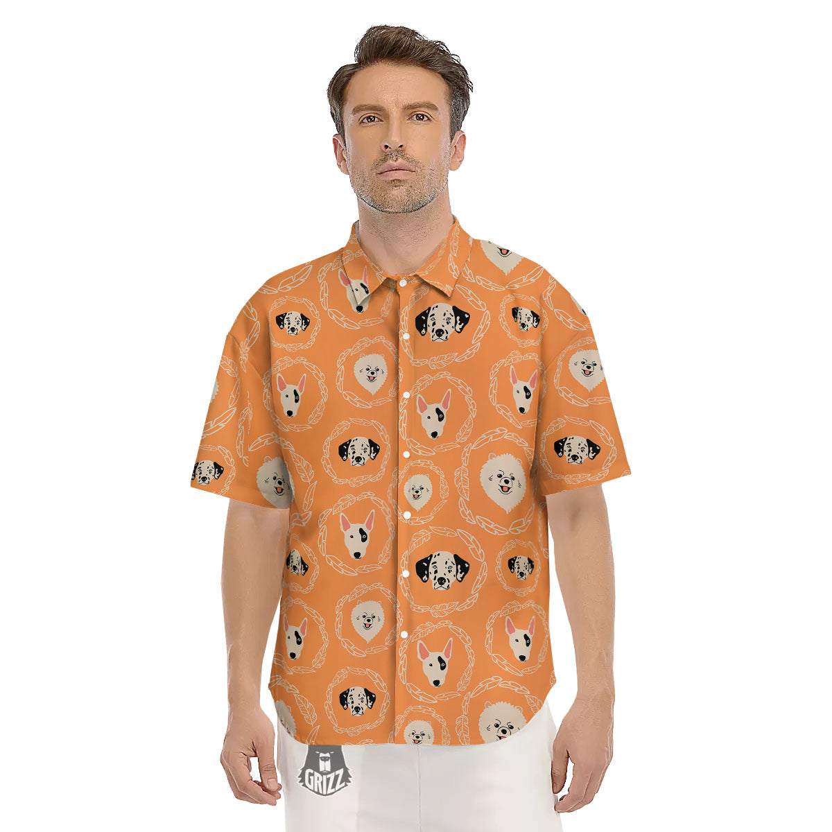 Doodle Dog Orange Print Pattern Men's Short Sleeve Shirts-grizzshop