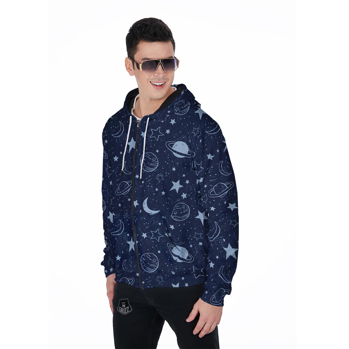 Doodle Galaxy Space Men's Zip Up Hoodie-grizzshop
