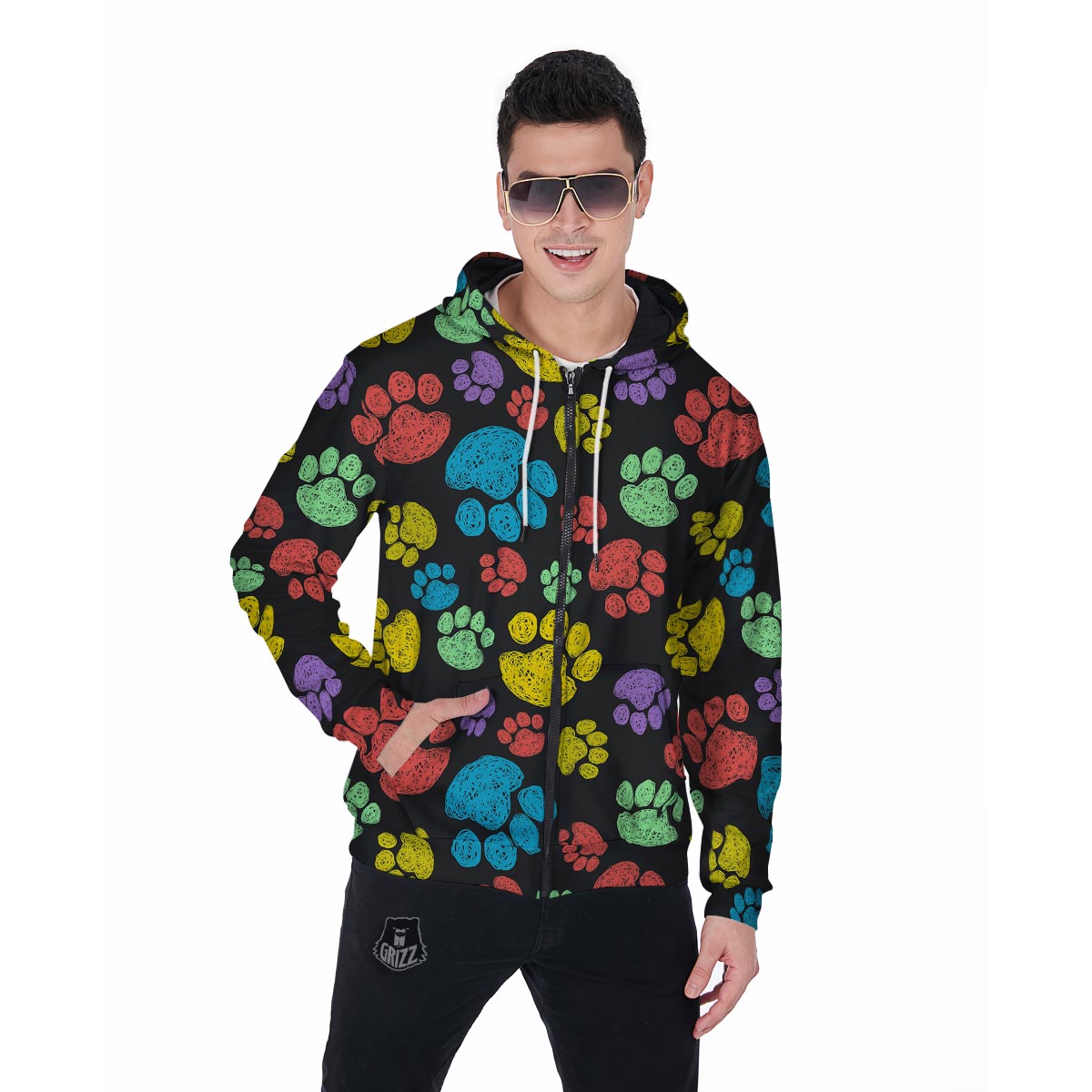 Doodle Paw Men's Zip Up Hoodie-grizzshop